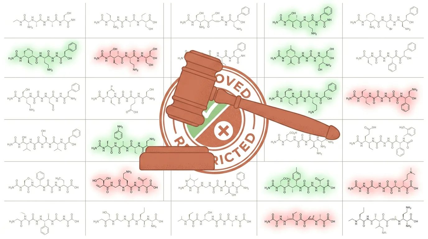 FDA regulatory gavel over peptide molecular structures showing approved and restricted classifications