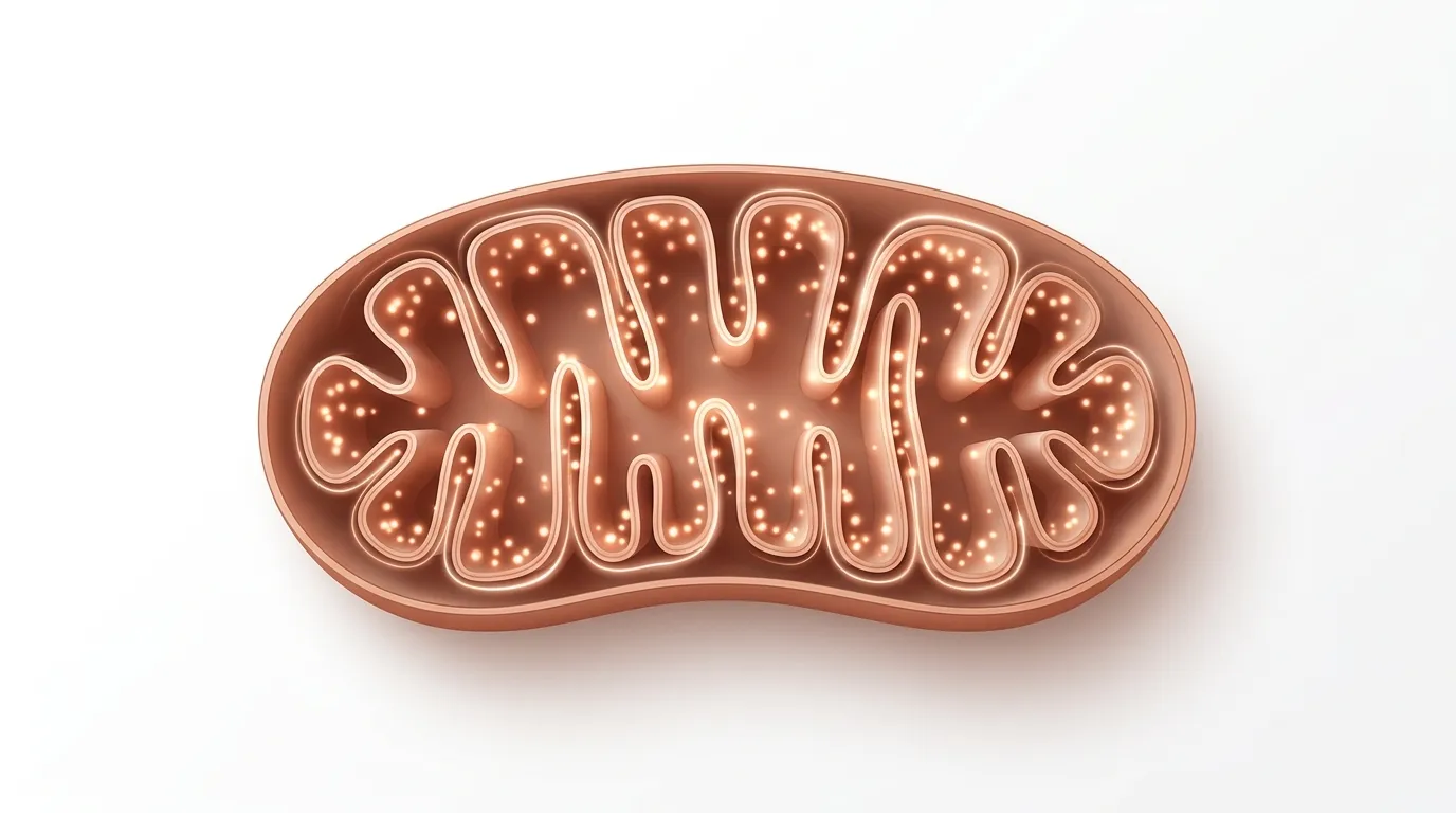 Mitochondria cross-section showing ATP energy production and peptide targeting